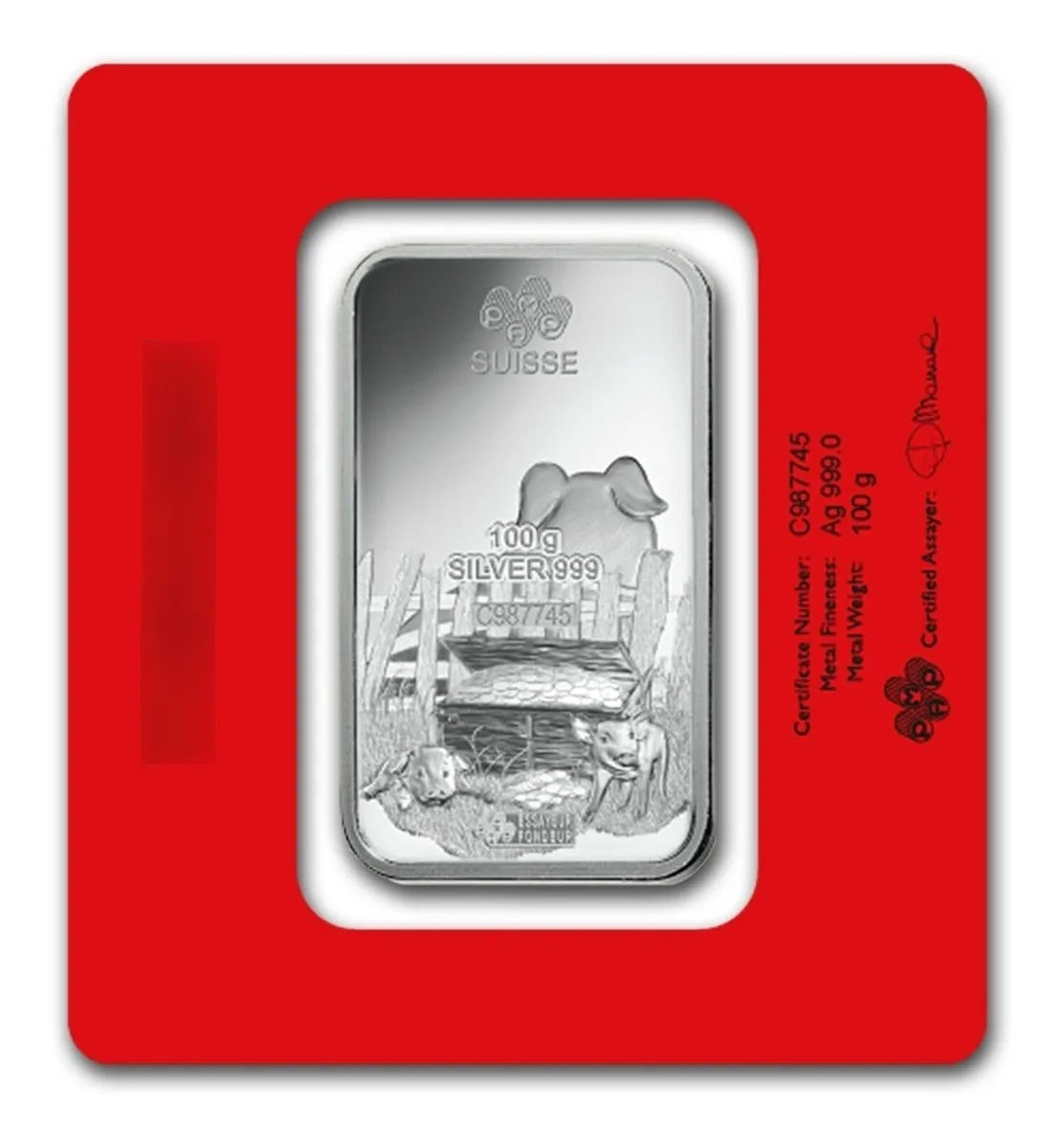 Robmar Suiza Lingote De 100 G Plata Pura Blister 24 K.el año del Cerdo - Imagen 4