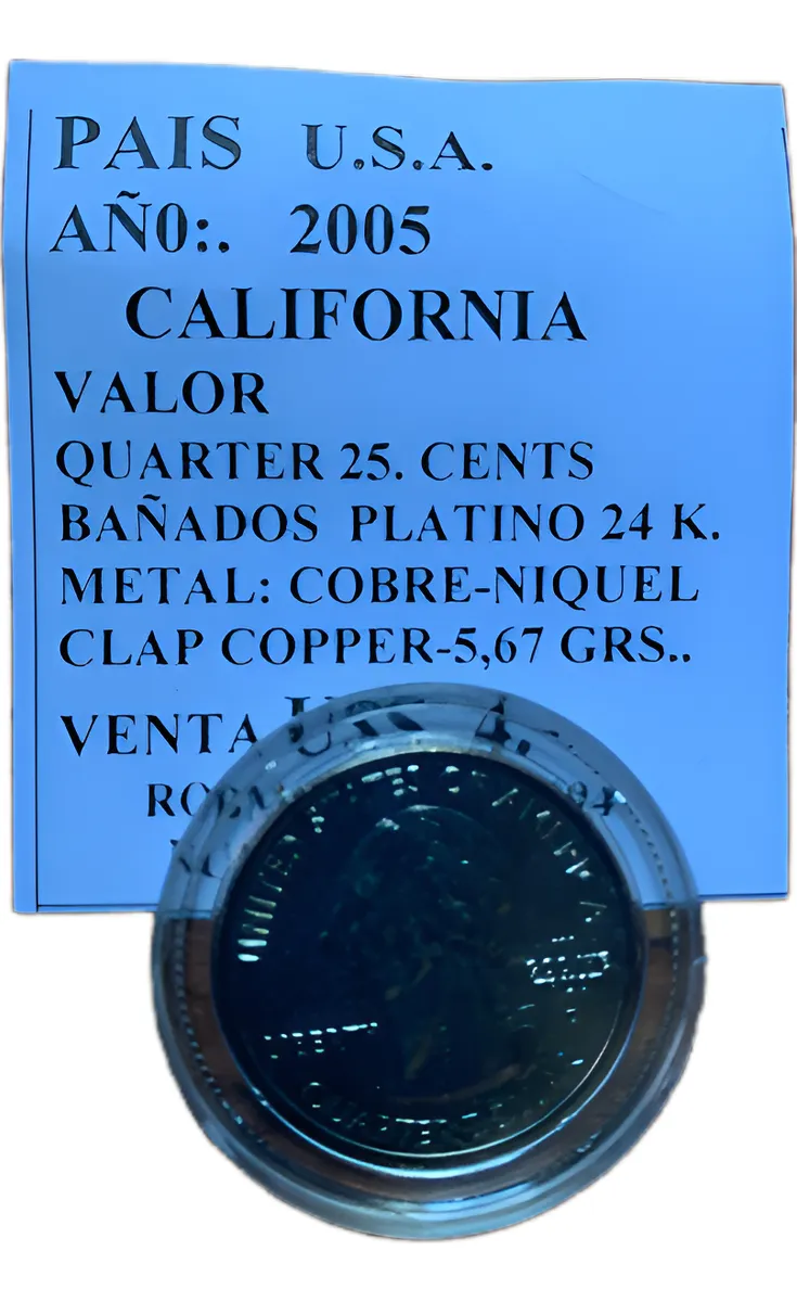 Robmar-USA-Quarter Bañado En Platino 24k-2005-California - Imagen 2