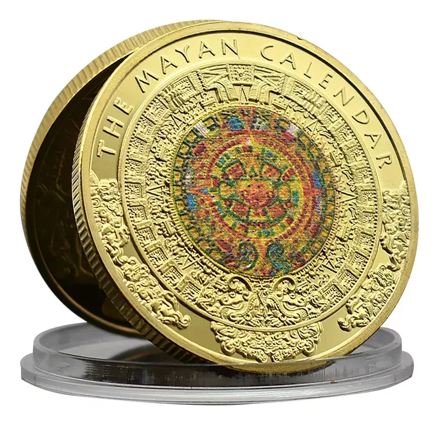 Robmar-Moneda Calendario Maya-Pintada Y Bañada En Oro 24k