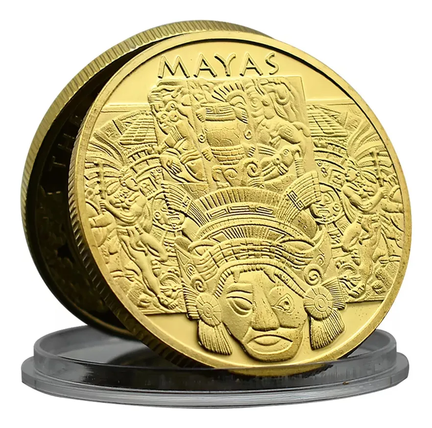 Robmar-Moneda Calendario Maya-Pintada Y Bañada En Oro 24k - Imagen 2