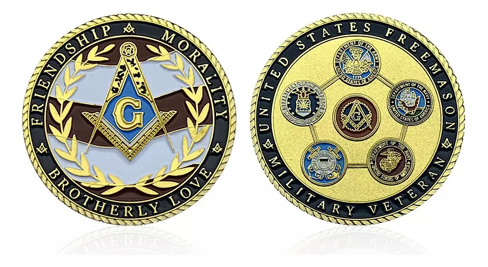 Robmar-Moneda Masonica Detras Signos Militar-Bañado Oro 24k-Con Cápsula Protectora