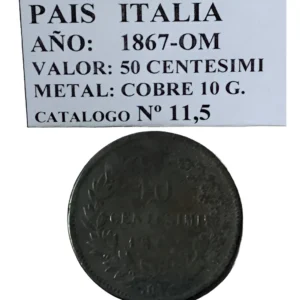 Robmar-Italia-Moneda-50 Centesimi-1867(om)-Cobre 10g-KM#11.5-Año Dificil-Metal Valioso
