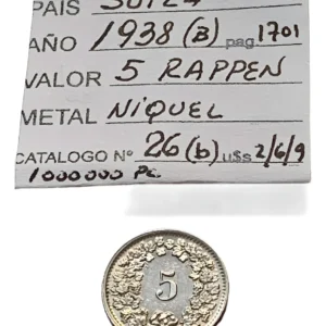 Robmar-Suiza-Moneda-5 Rappen-Níquel-1938(a)-KM#26b-Antigua y Difícil