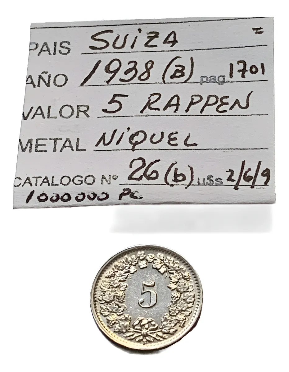 Robmar-Suiza-Moneda-5 Rappen-Níquel-1938(a)-KM#26b-Antigua y Difícil