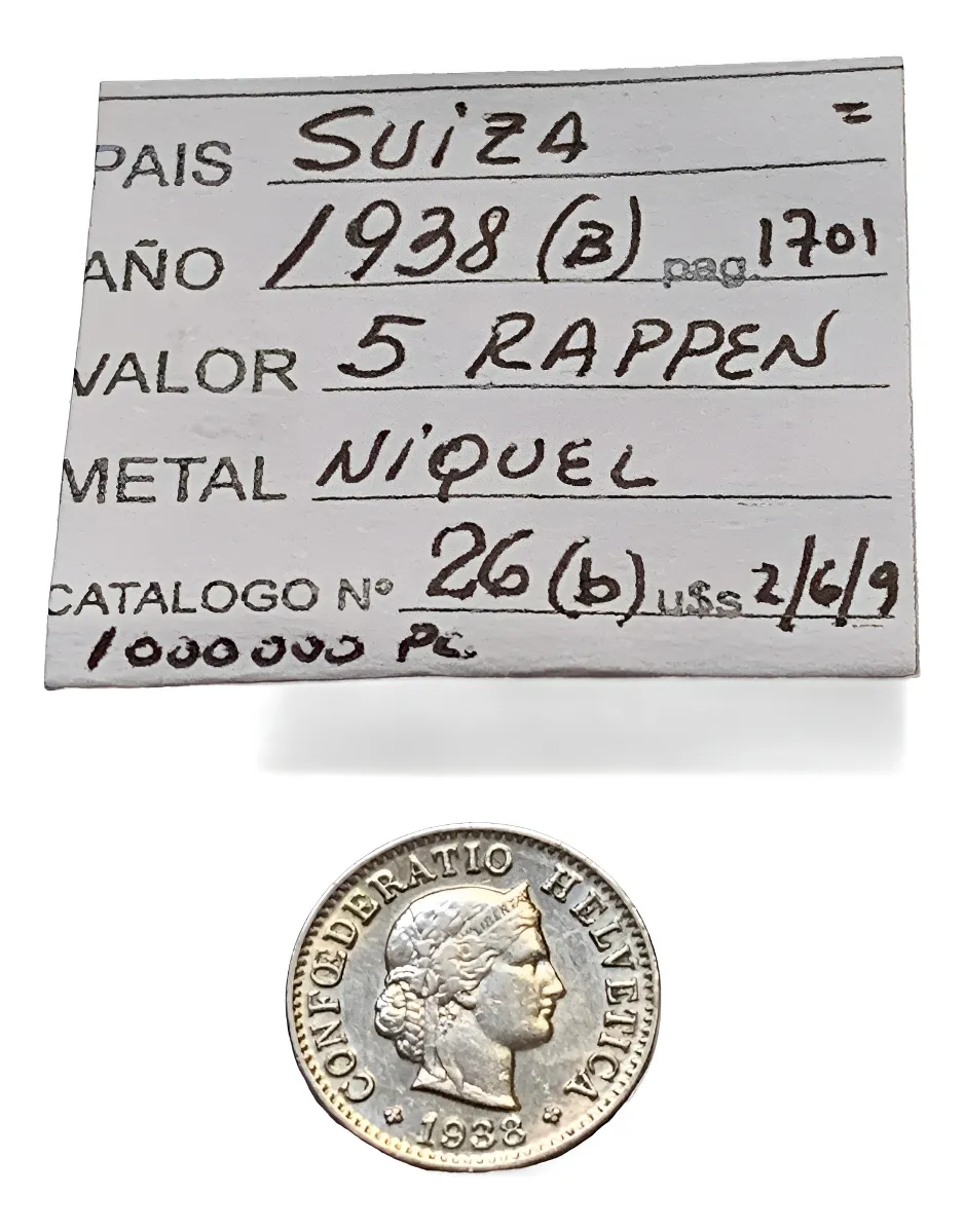 Robmar-Suiza-Moneda-5 Rappen-Níquel-1938(a)-KM#26b-Antigua y Difícil - Imagen 2