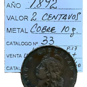 Robmar-Argentina-N°F73-7-ES 2 Centavos De Patacon-1892-KM.33-De Las Primeras Como República Argentina