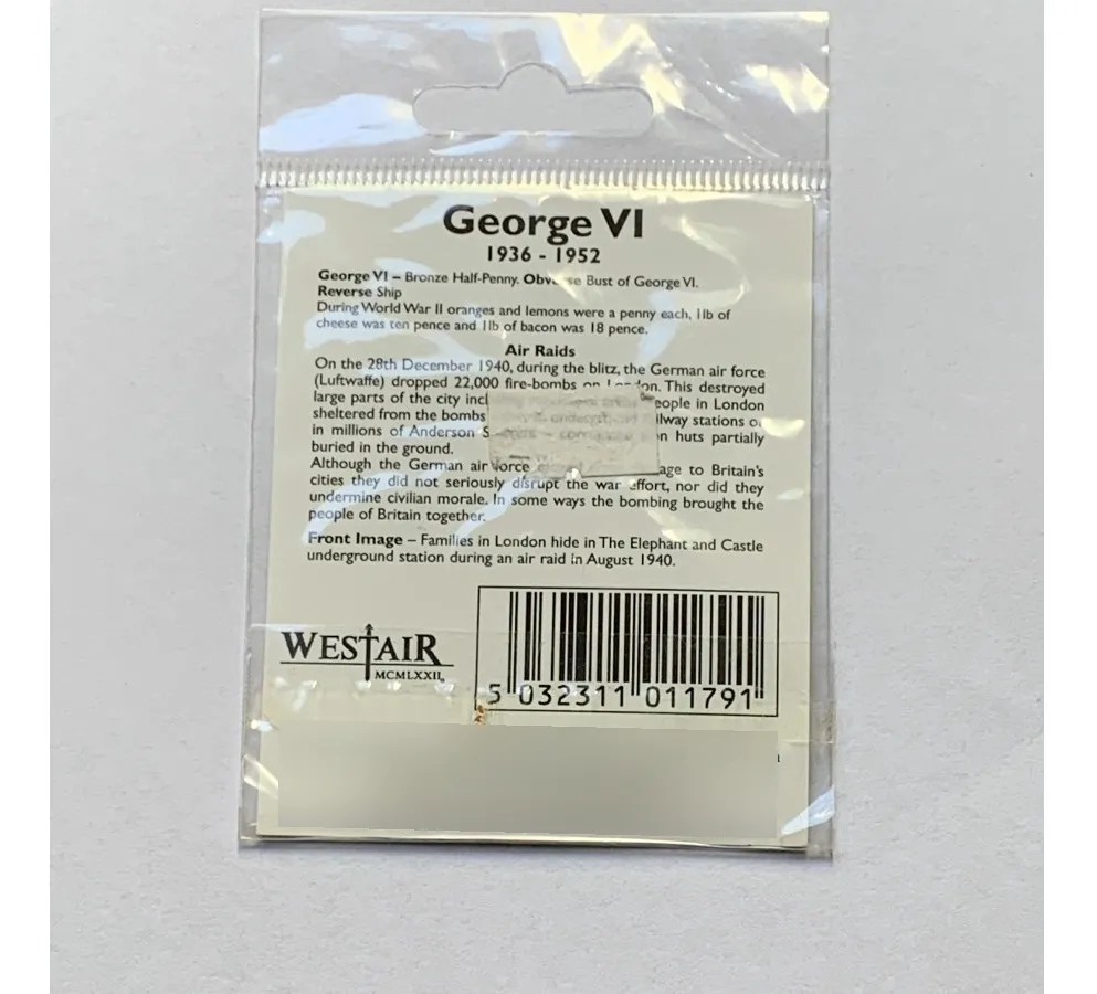 Robmar-Inglaterra-George VI-Bronce 5,40g-1/2 Penny-del año 1945 - Imagen 2