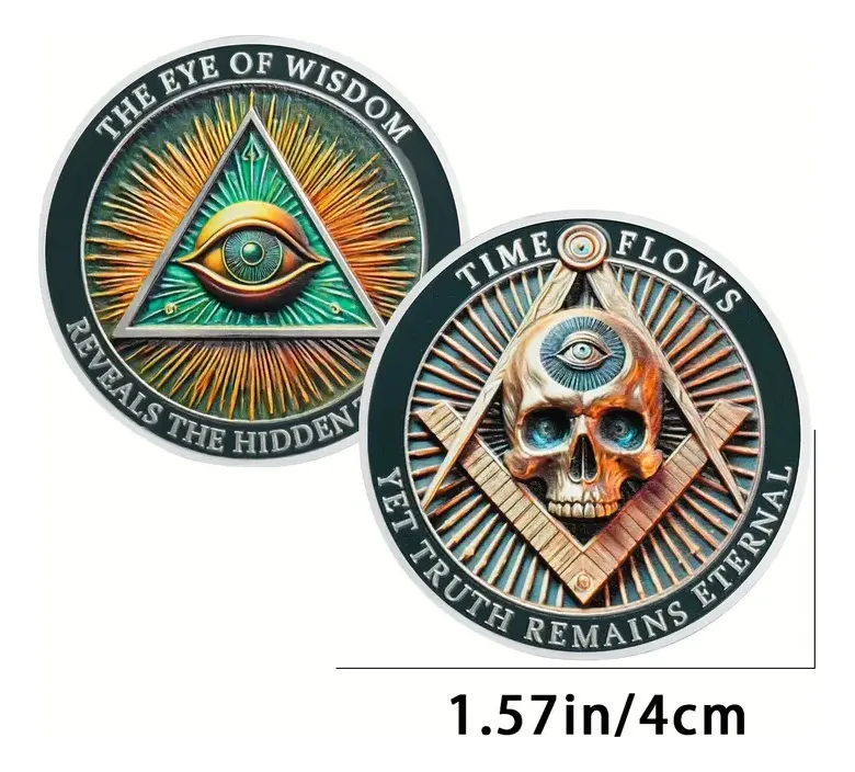 Robmar-Moneda Masonica Del Ojo Y La Calavera Bañada Oro 24k - Imagen 2