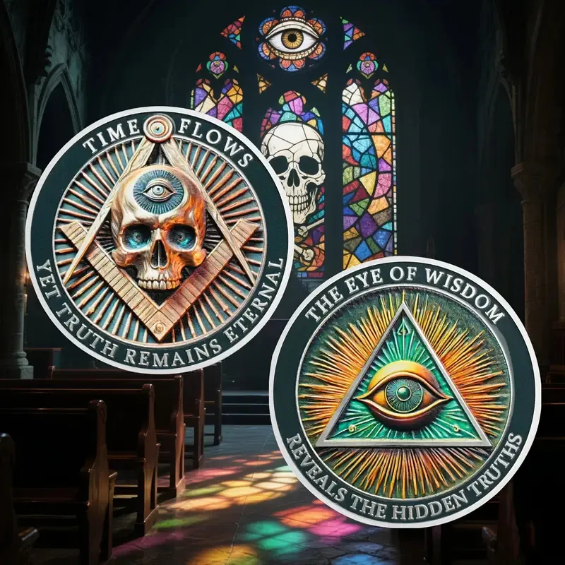 Robmar-Moneda Masonica Del Ojo Y La Calavera Bañada Oro 24k - Imagen 3