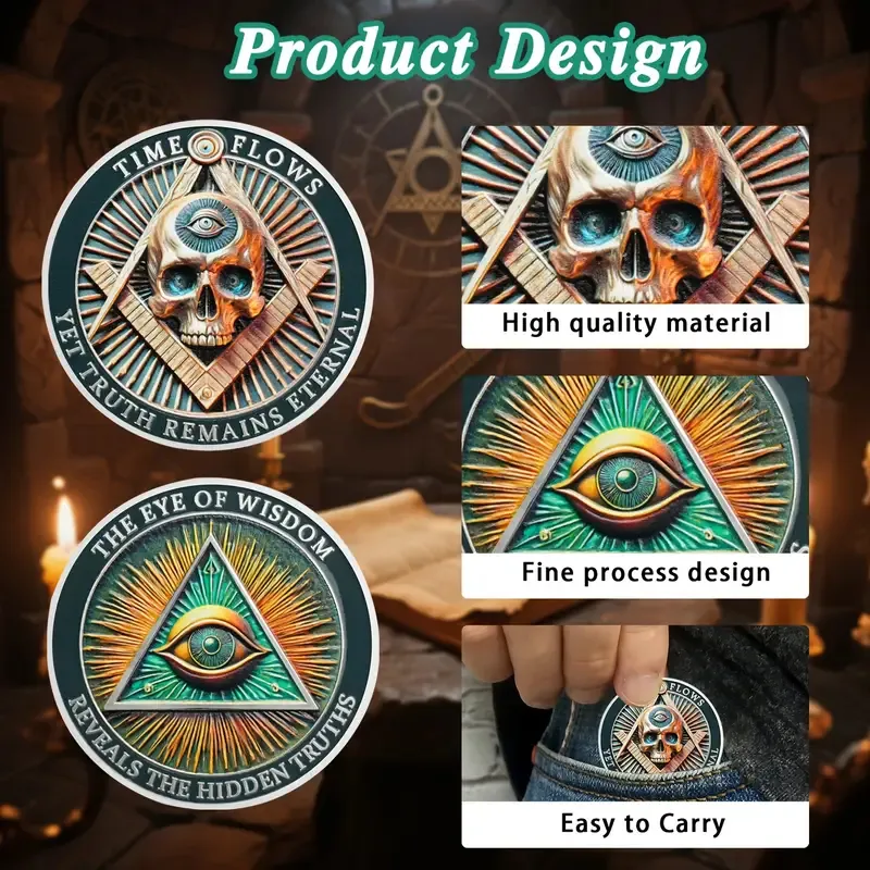 Robmar-Moneda Masonica Del Ojo Y La Calavera Bañada Oro 24k - Imagen 4