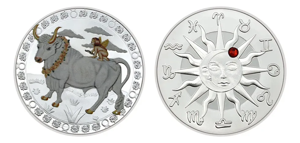 Robmar-Moneda-Bañada En Plata 24k-Pintada-Signos Del Zodiaco-Tauro