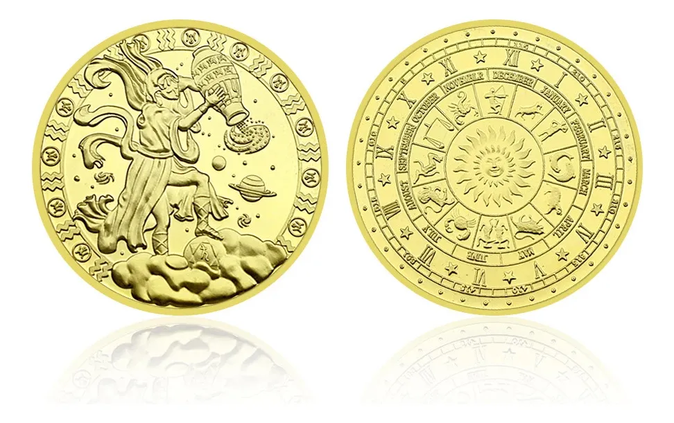 Robmar-moneda Signo Sodiaco+simbolo Bañada Plata-24k. acuario