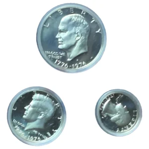 Robmar-USA-Estuche Con Set De 3 Monedas Plata-Proof-Aniversario 1976-0,25-0,50-y 1 Dólar